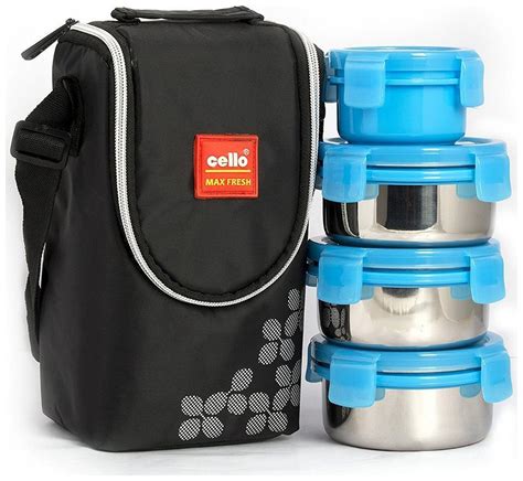 cello max fresh steel click 4 container lunch box blue|Cello MF Click 4 Steel Cello Lunch Box, Set of 4.